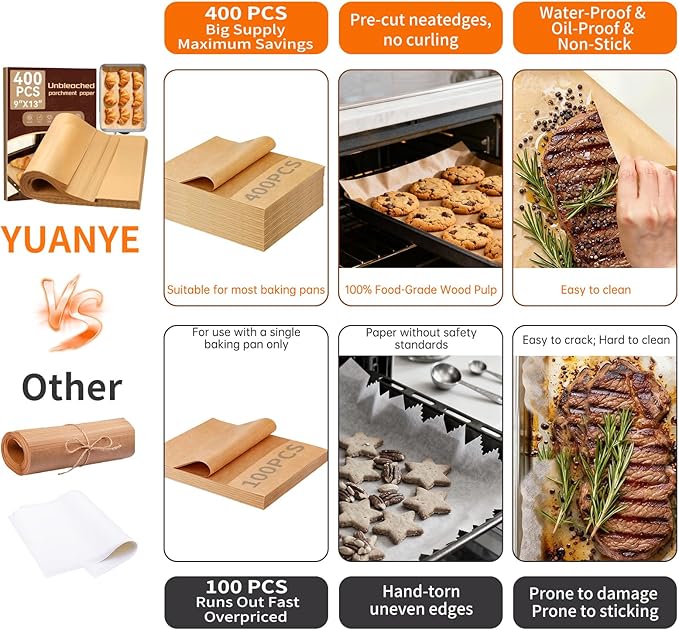 YUANYE 400PCS Parchment Paper Baking Sheets, 9"x13" Unbleached Precut Quarter Parchment Paper for Baking, Non-Stick Baking Paper for Grillin, Steaming Bread Cookies, Cakes, Oven, Air Fryer, Microwave