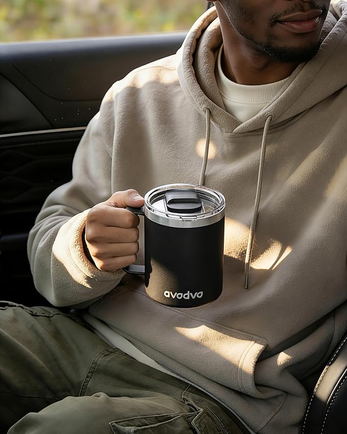 12oz Insulated Coffee Mug with Lid – Includes Two Lids, Stainless Steel Coffee Travel Mug with Handle, Double Wall Vacuum Insulated Camping Mug for Home, Office & Outdoor, Black