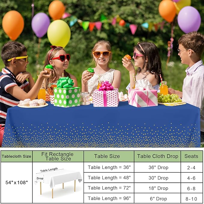 misaya 10 Packs Dot Disposable Table Cloth, 54 x 108 Inch Waterproof Plastic Tablecloth, Rectangle Gold Dots in Navy Table Covers for Picnic, Birthday, Party