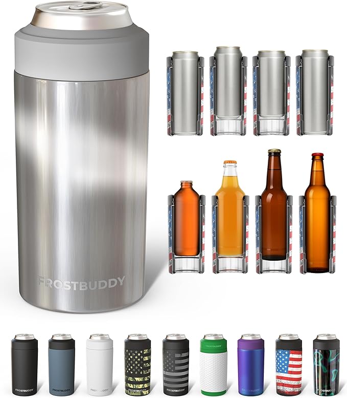 Frost Buddy Universal Can Cooler - Fits all - Stainless Steel Can Cooler for 12 oz & 16 oz Regular or Slim Cans & Bottles - Stainless Steel (Moonstone)
