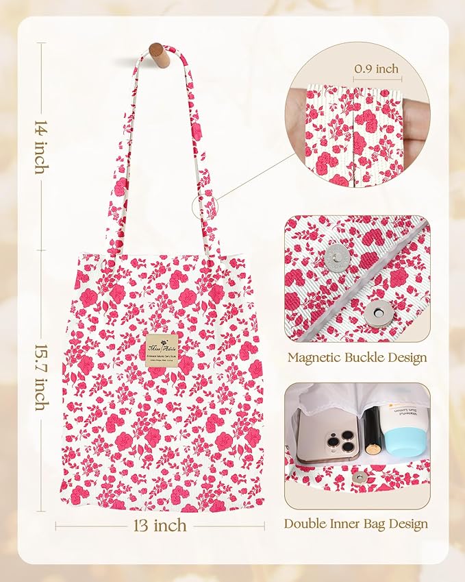Miss Adola Corduroy Tote Bag for Women - Reusable Totes with Magnetic Buckle & Pocket Aesthetic Design Work Grocery Bags