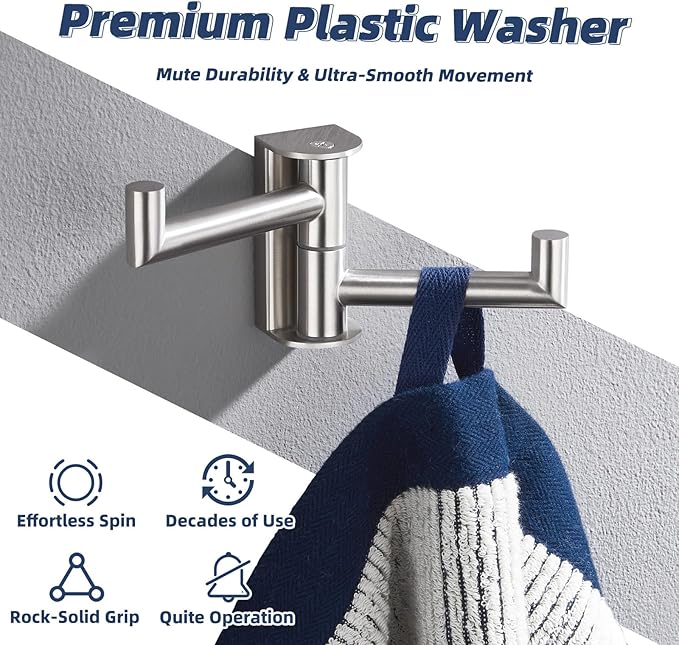 APLusee Brushed Nickel Double Swivel Towel Hook, 304 Stainless Steel Folding Clothes Hanger with Multi 2 Rotating Arms, Wall Mounted