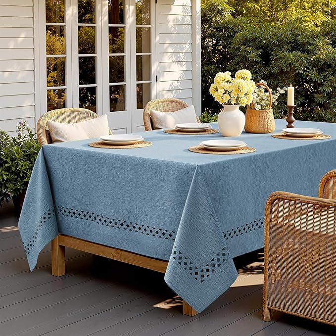 MIULEE Dusty Blue Rectangle Linen Polyester Tablecloth with Decorative Cutouts Waterproof Stain Resistant & Shrink-Proof Table Cloth 60x84 inch Farmhouse Style for Dining Wedding Party