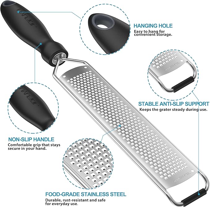 Zester Grater, Lemon Zester Grater with Handle, Premium Stainless Steel Citrus Zester for Parmesan, Garlic, Chocolate, Ginger, Non-Slip Grip, Safety Cover & Cleaning Brush, Black