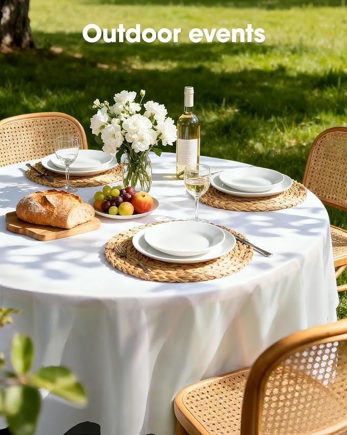 Pureegg Plastic Table Cloth Disposable 10 Pack, 84'' Round Table Cloths, Party, Picnic, Wedding, Decorative Tablecloths, Round, White Plastic Cover, Leakproof & Sturdy, White