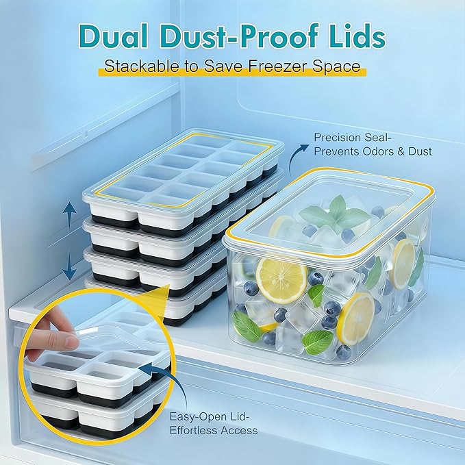 NFK Ice Cube Tray with Lid & Bin - 4 Pack 48 Cubes Stackable Silicone Trays for Freezer with Storage Container, Leak-Proof Lids, BPA-Free, Easy Release for Kitchen, RV, Party, Cocktail & Coffee
