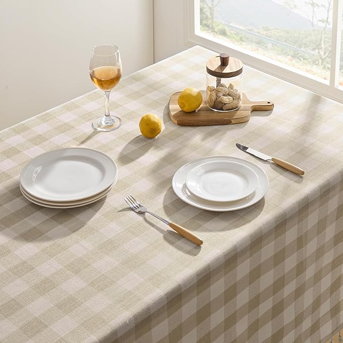 Softalker Checkered Tablecloth Rectangle, Outdoor Linen Cotton Gingham Table Cloth with Tassel, Heavy Duty Wrinkle Free Buffalo Plaid Table Cover for Kitchen Dining Summer Party - 55 x 84 Inch, Beige