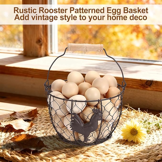 2 PCS OGANAZI Farmhouse Egg 8'' Basket for Gathering Fresh Eggs, Rustic Metal Wire Chicken Eggs Holder Basket for Countertop Kitchen, Wire Egg Basket Vintage Style, Round, Rooster Pattern
