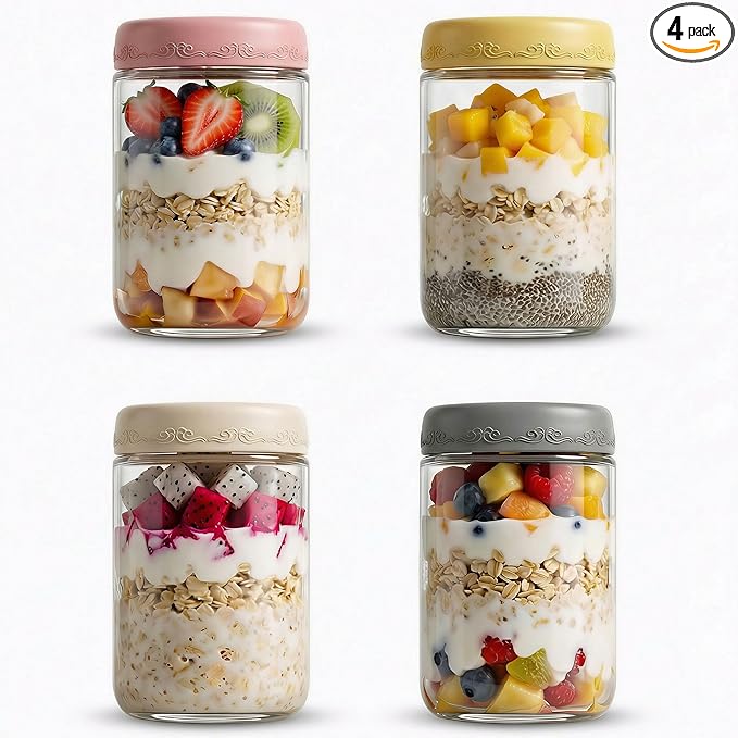 18 OZ 4Pack, Overnight Oats Jars with Lids, Glass Meal Prep Containers, Airtight Mason Jars for Breakfast, Yogurt Parfait, Salad & Smoothies, Leakproof and Reusable Food Storage Jars(4-2)