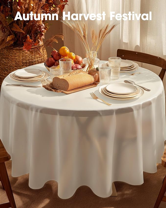 Pureegg Plastic Table Cloth Disposable 10 Pack, 84'' Round Table Cloths, Party, Wedding, Thanksgiving Decorations, Fall Tablecloths, Round, Beige Plastic Cover, Leakproof & Sturdy, Cream, Ivory