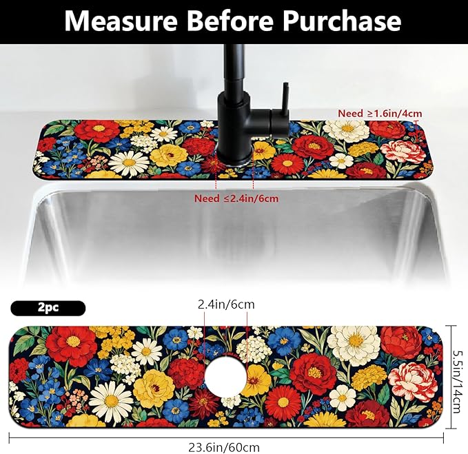 2 Pcs Kitchen Sink Splash Guard Faucet Mats Vintage Colored Flowers Pattern Faucet Mat for Sinks Absorbing Drying Mat for Kitchen Bathroom, 23.6x5.5inch