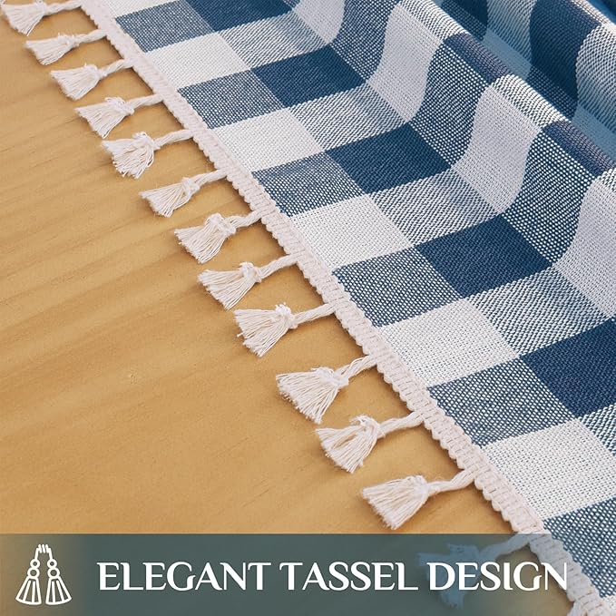 Softalker Checkered Tablecloth Rectangle, Outdoor Linen Cotton Gingham Table Cloth with Tassel, Heavy Duty Wrinkle Free Buffalo Plaid Table Cover for Kitchen Dining Summer Party - 55 x 84 Inch, Navy