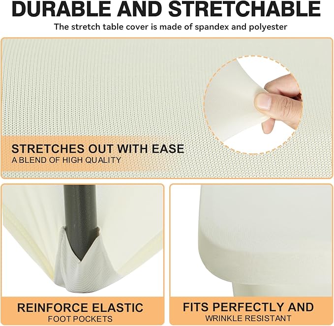 2 Pack 6 Feet Ivory Spandex Tablecloth for Rectangular Tables, Fitted & Stretch, Washable, Wrinkle Resistant, Perfect for Event, Wedding, Party, Banquet, Cocktail, Festival, and Table Protector
