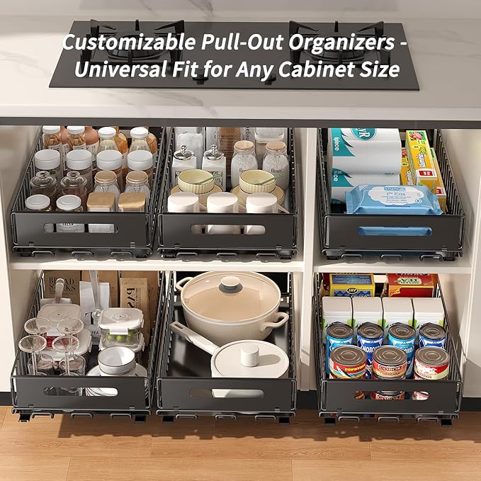 PureBox Pull Out Cabinet Organizer, Slide Out drawers for cabinets, Heavy Duty Carbon Steel Roll Out Shelves for kitchen, bathroom, pantry (14.7’’-23.1’’ Slide, Adhesive & Screw), Black (1)