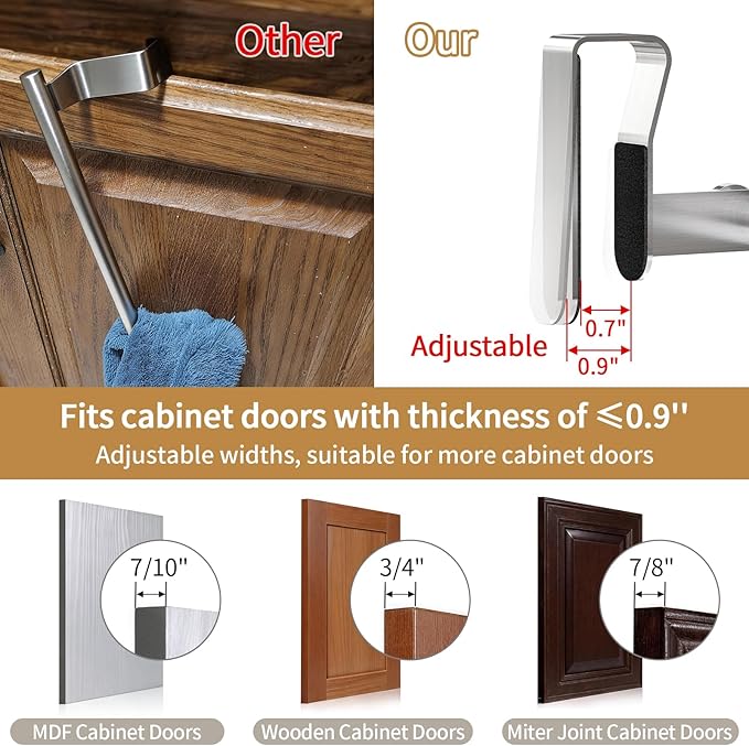 Over Cabinet Towel Holder, Stainless Steel Over The Cabinet Towel Rack Bars for Kitchen Cabinet Doors, Dish Towel Holder with Hooks, 2 Pack (Brushed Nickel)