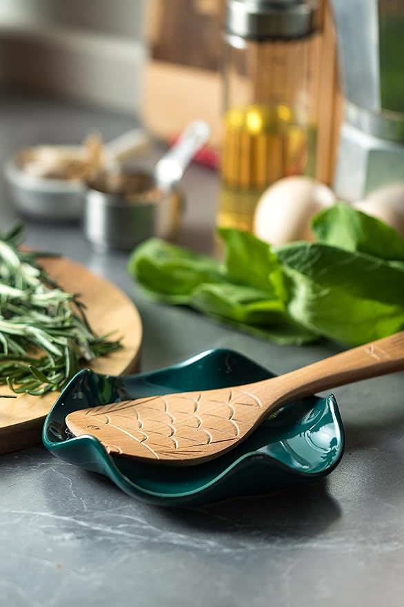 Ceramic Spoon Rest for Kitchen Counter, Spoon Holder for Stove Top Coffee Bar, Cooking Utensil Holder, Cute Flatware Rests Heat Resistant & Dishwasher Safe for Housewarming Gifts, Dark Green
