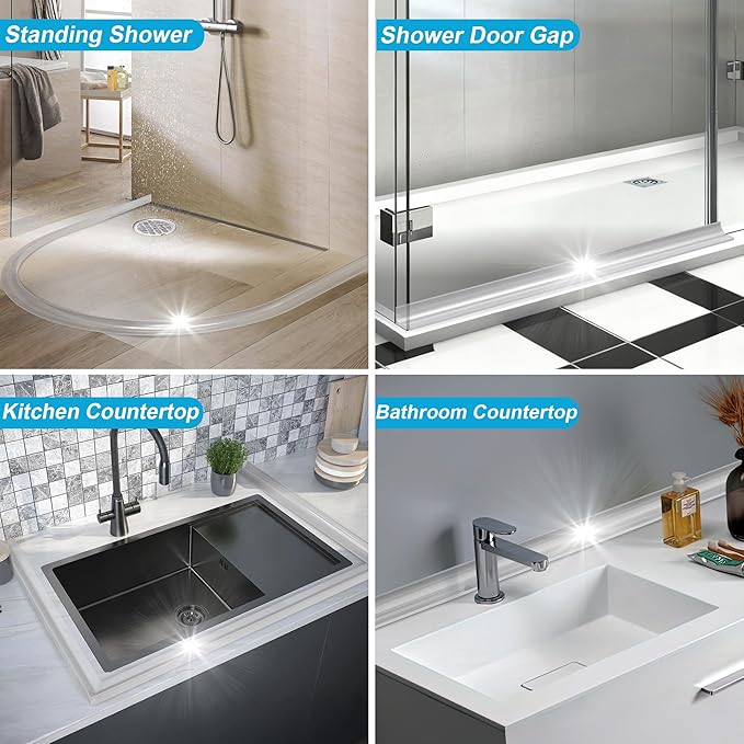 98Inch Shower Threshold Water Dam, Self-Adhesive Silicone Shower Barrier Water Stopper Shower Door Bottom Seal Strip Shower Splash Guard for Bathroom Kitchen Bathtub