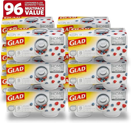 Glad GladWare Home Collection Mini Round Food Storage Containers, Small BPA Free Plastic with Silver Metallic Lid, Snack and Portion Control Containers, Microwave Dishwasher Safe, 4 Oz, 8 Ct - 12 Pk
