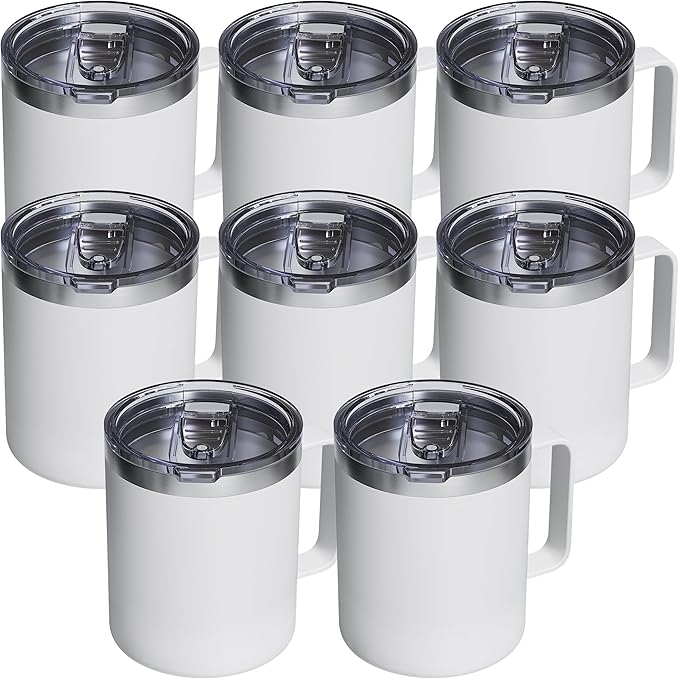 8 Pack 12oz Insulated Coffee Mug with Lid – Double Wall Stainless Steel Travel Cups with Handle, Keep Hot & Cold Drinks, Ideal Gift for Coffee Lovers, Home, Office & Camping, White