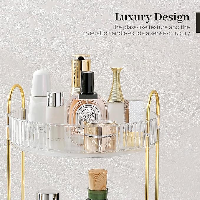 Aveniee Crystal Three-Layer 360° Rotating Cosmetic Stand, Premium Solid Metal Pole Sturdy Construction, Translucent Revolving Beauty Storage Unit for Vanity, Sink or Bathroom Shelf, White