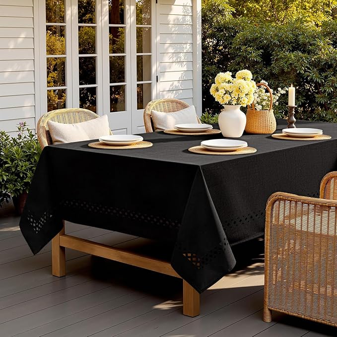 MIULEE Black Rectangle Linen Polyester Tablecloth with Decorative Cutouts Spring Waterproof Stain Resistant & Shrink-Proof Table Cloth 60x104 inch Farmhouse Style for Dining Wedding and Outdoor