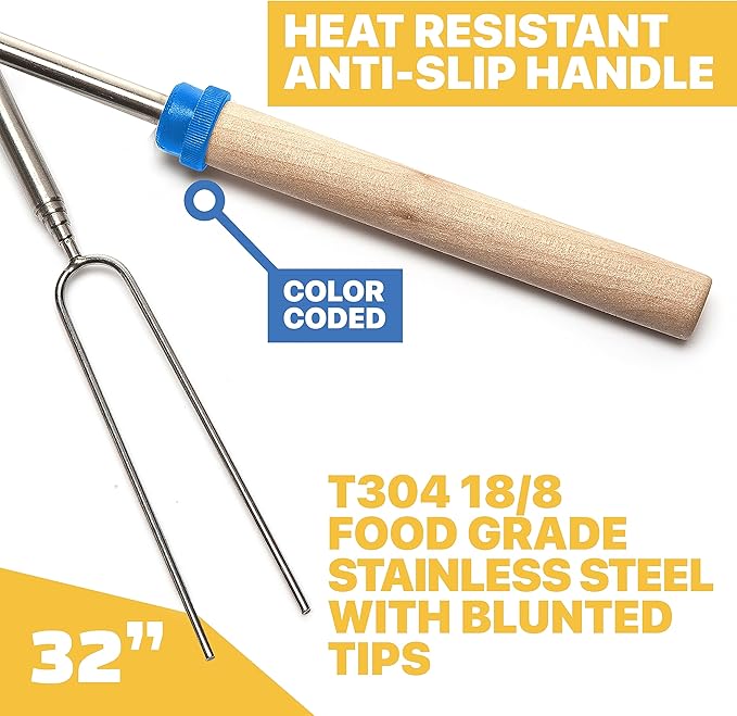 MalloMe Smores Sticks for Fire Pit - Accessories for Campfire Marshmallow Roasting Sticks Smores Kit Outdoor - Smore Skewers Hot Dog Fork For Outside, Camping Essentials Bonfire Gear Long 32" 10 Pack