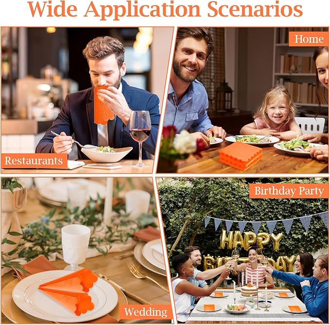 100 Pcs Cocktail Napkins, 2-Ply 5 x 5 Inches Disposable Scalloped Napkins, Thick Premium Dessert Napkins for Party, Wedding, Dinner, Birthday, Anniversary, Festival (Orange)