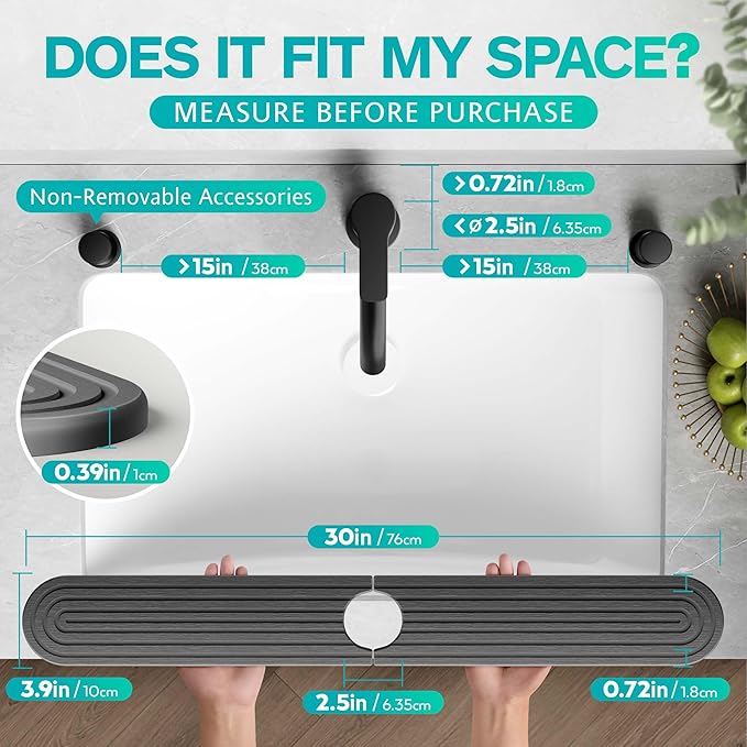 Stone Faucet Mat for Kitchen Sink – Diatomite Fast-Drying Stone Tray, Faucet Mat Sink Splash Guard, Decorative Sink Protector for Kitchen Bathroom Counter (Dark Grey, 30''x3.9'')