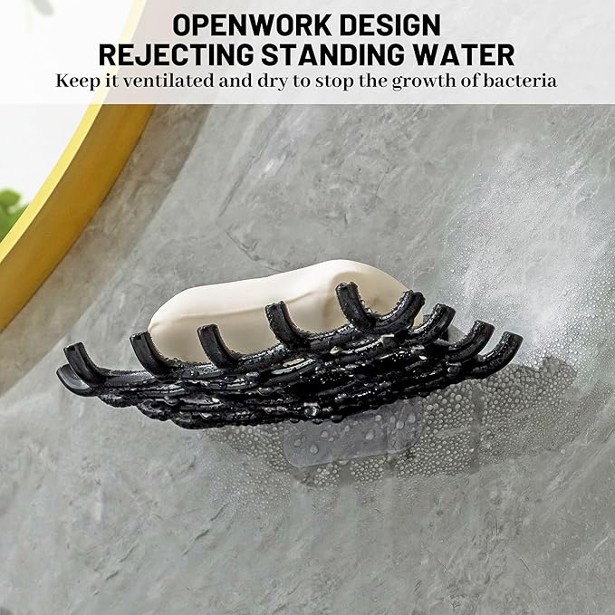 Soap Bar Holder for Shower Wall, Self Draining Soap Dish with Hooks, No Drilling, Bathtub Kitchen Sink Waterproof Adhesive Wall Mounted Dish (4 Pack, Black)