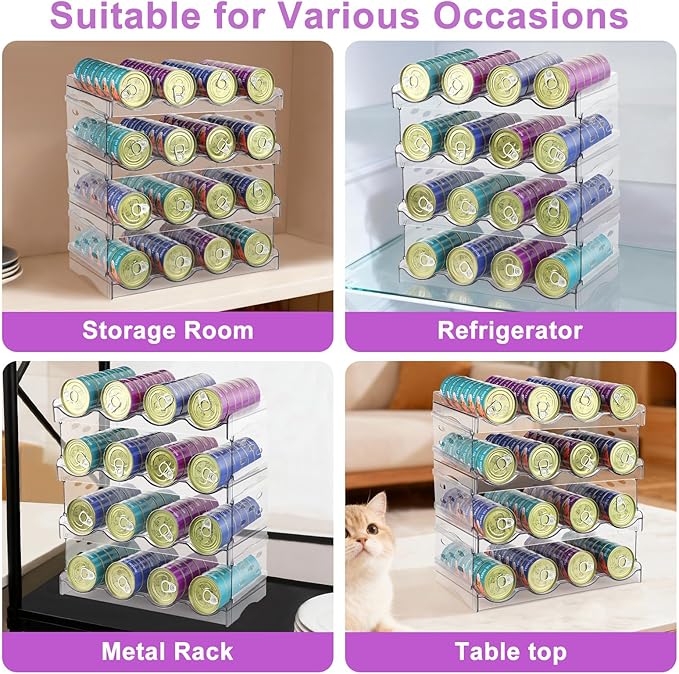 REFLYING Extra Large Cat Food Can Organizer – 4-Tier Holds 96 Cans (3oz–12.5oz), Transparent Acrylic Stackable Storage for 3+ Cats, Mold-Resistant Pantry & Kitchen Cabinet Organizer(4 Tier-4 Layer)
