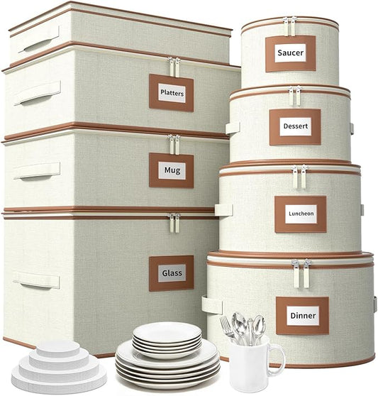 Aokeyee 8-Piece China Storage Containers Set, Hard Shell Moving Boxes for Dishes, Plates, Mugs, Wine Glass & Flatware – Dinnerware Organizer with Soft Felt Dividers, Sturdy Handles & Zippers, Ivory