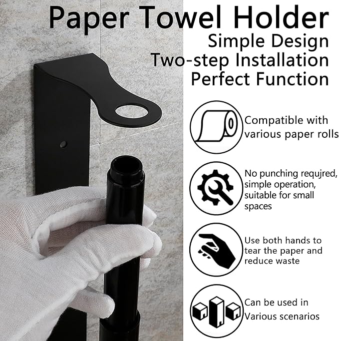 Paper Towel Holder, Black Stainless Steel Under Cabinet Wall Mount, Self-Adhesive Kitchen Roll Rack, Heavy-Duty Organization Storage