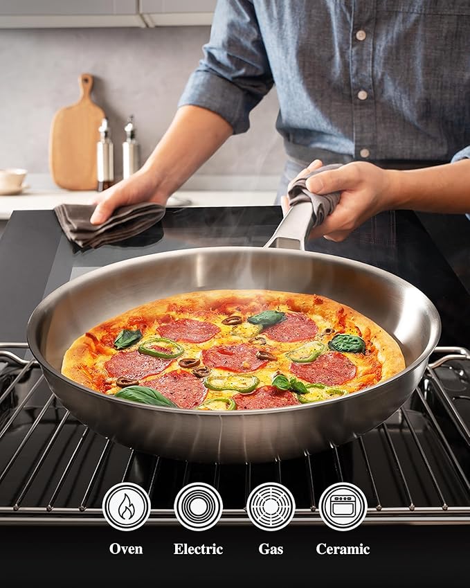 VocVoi Stainless Steel Pan, 12 Inch with Lid Stainless Steel Frying Pan, Non Toxic Tri-Ply Skillet, PFOA&PTFE Free, Oven and Dishwasher Safe, Induction Compatible