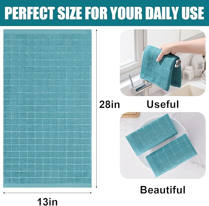 Homaxy 100% Cotton Terry Kitchen Towels(Lake Blue, 13 x 28 inches), Checkered Designed, Soft and Super Absorbent Dish Towels, 4 Pack
