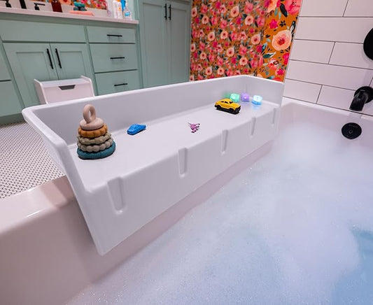 Tub Topper® Bathtub Splash Guard & Bath Shelf for Kids – Toddler Bath Tray, Bath Toys Storage & Ledge Organizer – Splash Guard for Bathtub with Suction Cups – Kids Bathroom Accessories (White)
