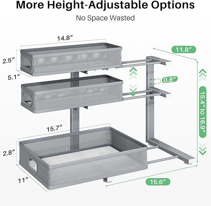 Kitstorack Under Sink Organizer, 2-Pack 3-Tier Height Adjustable Thickened Metal Pull out Cabinet Organizer Shelf, Slide out Storage Drawer Rack for Bathroom Kitchen Pantry Home Organization, Grey