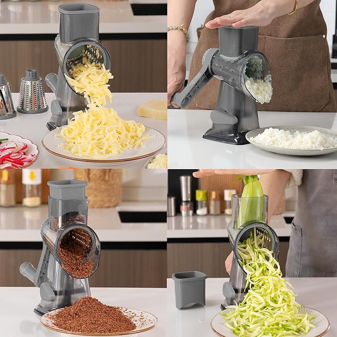 KalraMay Cheese Grater,Rotary Cheese Grater with Handle, Multifunctional Rotary Cheese Shredder Effortlessly Grates Cheese, Vegetables, and Fruits (Gray)