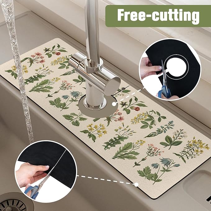 2 Pack 2 Pack Kitchen Sink Splash Guard Faucet Mat 24" X 5.5" Floral Absorbent Fast Drying Mat Faucet Draining Mat Sink Splash Guard Behind Faucet Drip Catcher for Kitchen Bathroom