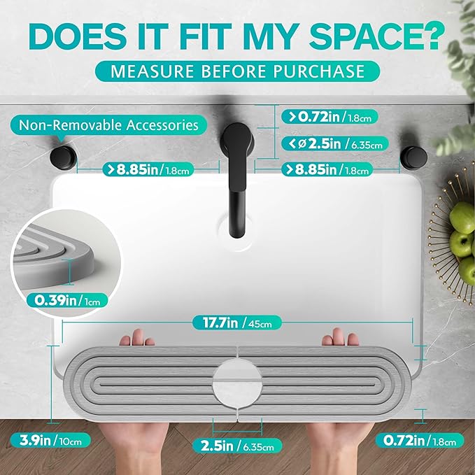 Stone Faucet Mat for Kitchen Sink – Diatomite Fast-Drying Stone Tray, Faucet Mat Sink Splash Guard, Decorative Sink Protector for Kitchen Bathroom Counter [Gray, 17.7''x3.9'']
