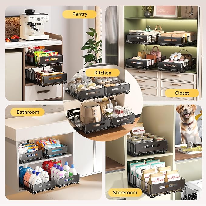 PureBox Pull Out Cabinet Organizer, Slide Out drawers for cabinets, Heavy Duty Carbon Steel Roll Out Shelves for kitchen, bathroom, pantry (14.7’’-23.1’’ Slide, Adhesive & Screw), Black (1)
