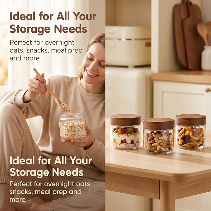Danmu 8 oz Overnight Oats Containers with Lids,Salad Jar,Glass Jar with Wooden Lid 6 Pack,Mason Jars 8 oz with Lids for Snack,Overnight Oats,Meal Prep,Yogurt,Parfait,Soup,Salad 100% Leak-proof