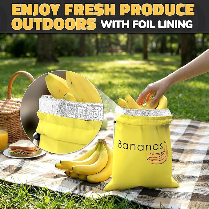 Nylon Banana Bag with Aluminum Lining and Quick Drawstring Closure - 13.8x10.6 in Reusable Banana Keeper for Freshness, Storage, and Prevent Ripening - Washable Material, Suitable for Home and Picnics