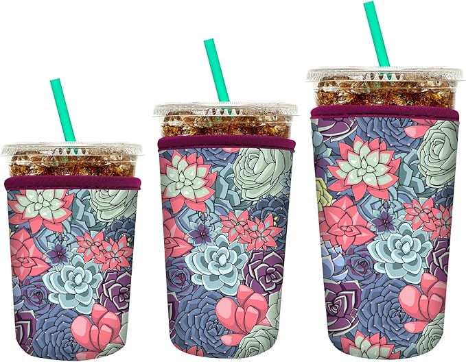 YR Reusable Neoprene Insulator Sleeve for Iced Coffee Cups, 3 Pack Coffee Coolies sleeves for Iced & Hot Drinks, Cold Beverage Cooler Compatible with Starbucks Coffee and More (Succulent)