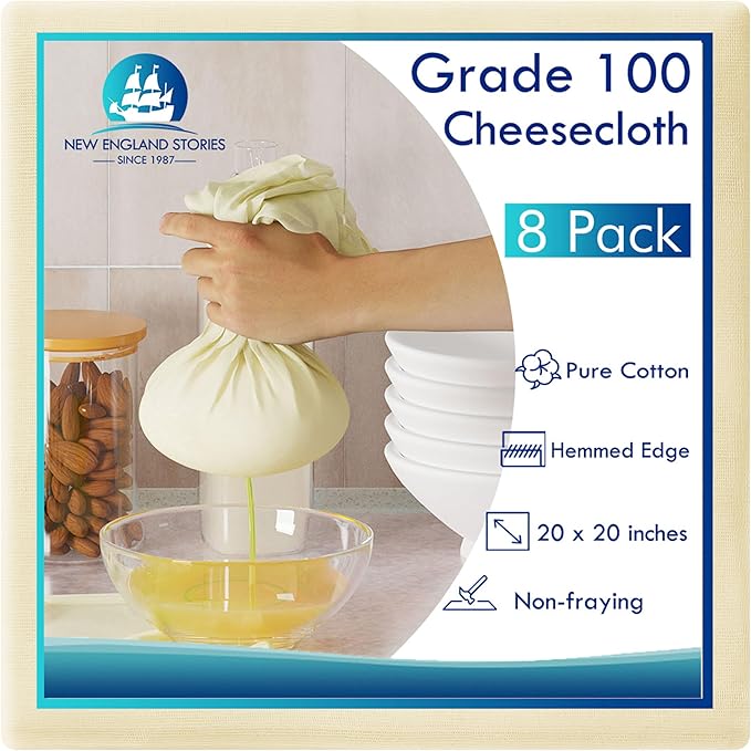 8 PCS Reusable Cheesecloth, Grade 100, 20x20 Inch Hemmed Cheese Cloth for Straining Craft, 100% Cotton Unbleached Cloth Strainer for Cooking, Baking, Juicing, Cheese Making