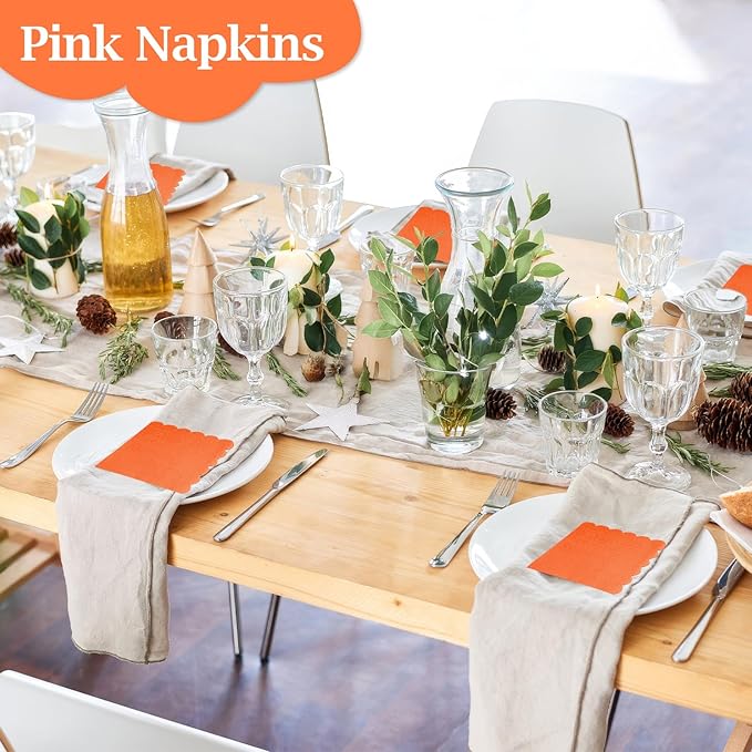 100 Pcs Cocktail Napkins, 2-Ply 5 x 5 Inches Disposable Scalloped Napkins, Thick Premium Dessert Napkins for Party, Wedding, Dinner, Birthday, Anniversary, Festival (Orange)