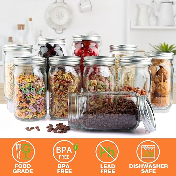 Wide Mouth Mason Jars 32 oz, 12 Pack Clear Glass Mason Jars with Airtight Lids and Bands, Quart Canning Jars for Preserving, Canning, Meal Prep, Pickling