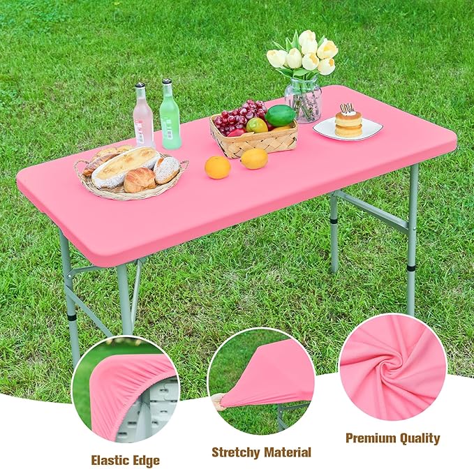 Fitted Rectangle Tablecloth 30 x 72 Inch Elastic Table Cloth for 6ft Table, Stretch Spandex Table Cover Pink Washable Polyester Table Top Cap Cover for Dining Picnic Camping Indoor and Outdoor