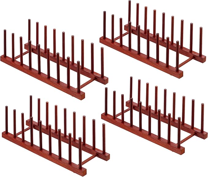 HBlife 4pcs Padauk Wooden Dish Drying Rack - Home and Kitchen Organizer for Cups, Bowls, Pots, Lids, Cutting Boards & Plates Space-Saving for Cabinets Counters (8 Slots)