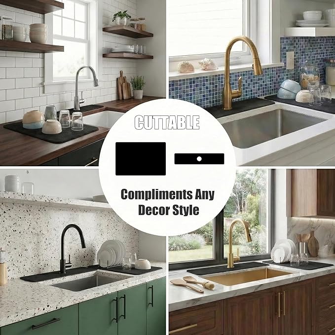 Customizable 24"L x 5.5"W Kitchen Sink Faucet Mat & 24"Lx16"W Dish Drying Mat Set - Absorbent Microfiber Splash Guard Trimmable to Fit 2 & 3 Holes Faucet & Soap Dispenser - Cuttable Counter Protector
