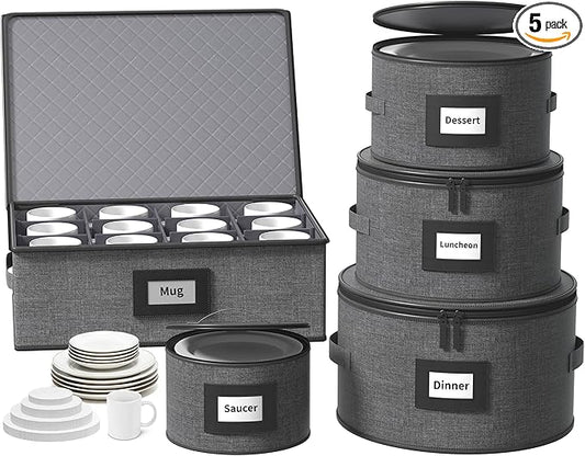 Aokeyee 5-Piece China Storage Containers Set, Hard Shell Moving Boxes for Dishes, Plates & Mugs – Dinnerware Organizer with Soft Felt Dividers, Sturdy Handles & Zippers, Grey